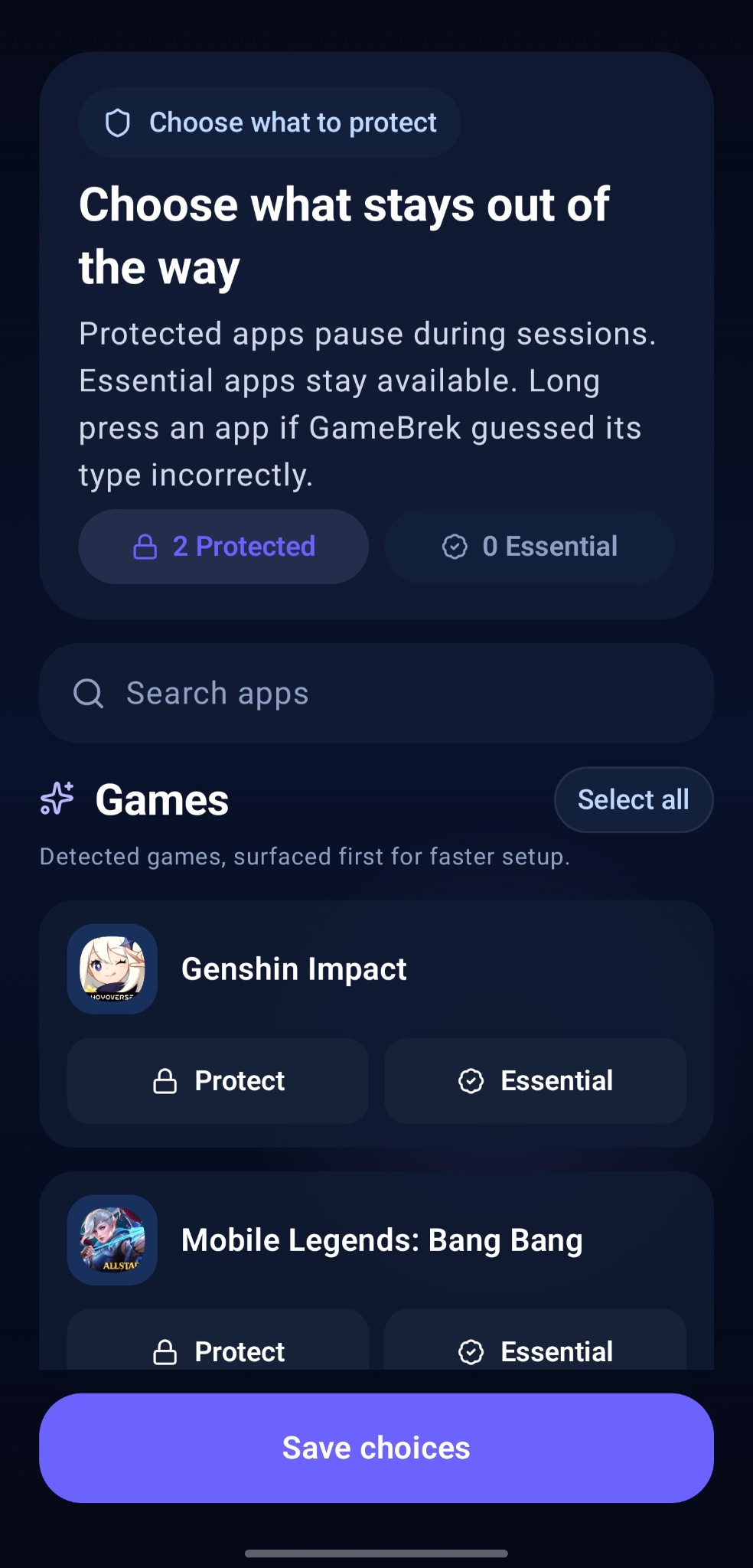 GameBrek app selection screen for choosing apps to protect