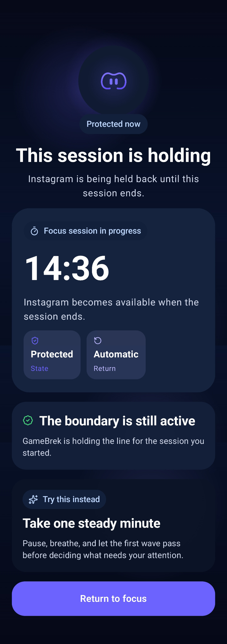 GameBrek block screen holding Instagram during a focus session