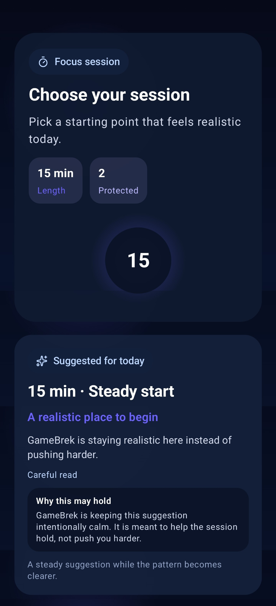 GameBrek focus session setup showing the suggested starting point