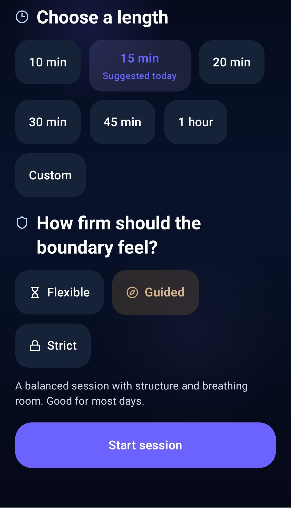 GameBrek focus session controls showing duration and boundary choices
