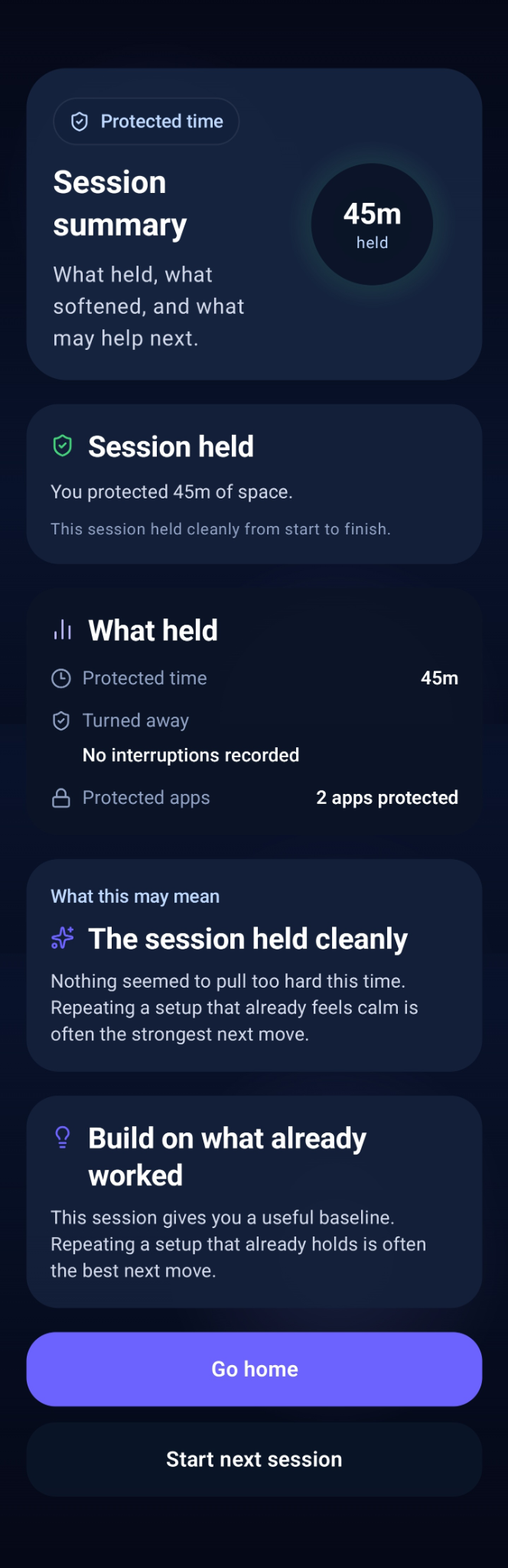 GameBrek session summary showing what held and what may help next